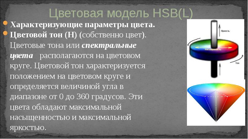 Характеризующие параметры цвета.
Характеризующие параметры цвета.
Цветовой тон (H) (собственно цвет). Характеризующие параметры цвета.
Характеризующие параметры цвета.
Цветовой тон (H) (собственно цвет).