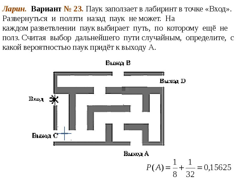 На рисунке изображен лабиринт паук заползает в лабиринт в точке вход к выходу d