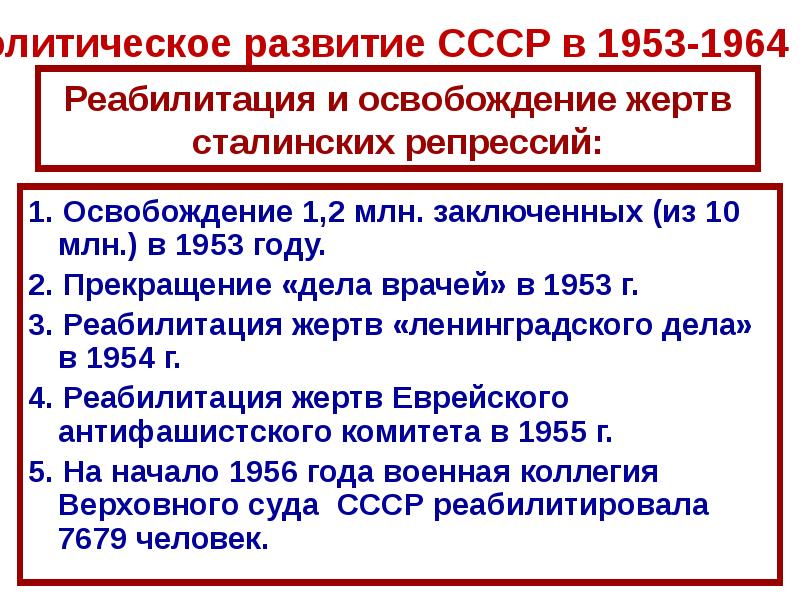 Ссср в 1953 1964 гг. СССР 1953-1964. Реабилитация репрессированных при Хрущеве. Развитие СССР В 1953-1964 гг. Реабилитация жертв сталинских репрессий.