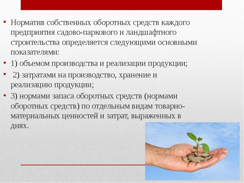 Норматив собственных оборотных средств каждого предприятия садово-паркового и ландшафтного строительства определяется Норматив собственных оборотных средств каждого предприятия садово-паркового и ландшафтного строительства определяется