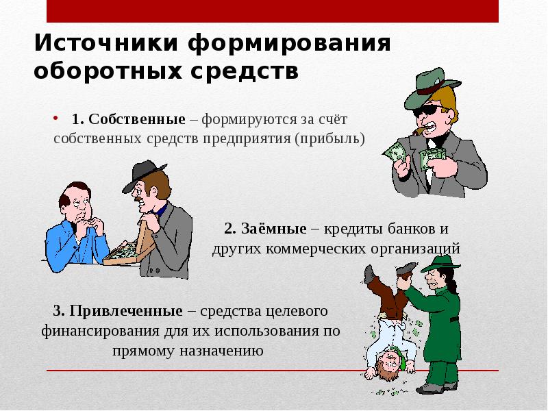 Источники формирования оборотных средств
1. Собственные – формируются за счёт собственных Источники формирования оборотных средств
1. Собственные – формируются за счёт собственных