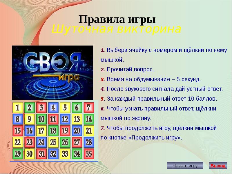 Викторина для 1 класса презентация своя игра