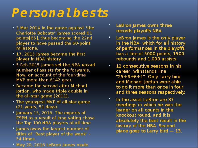 Personal bests
3 Mar 2014 in the game against "the Charlotte Personal bests
3 Mar 2014 in the game against "the Charlotte