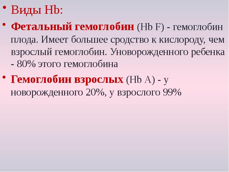Виды Hb:
Виды Hb:
Фетальный гемоглобин (Нb F) - гемоглобин плода. Виды Hb:
Виды Hb:
Фетальный гемоглобин (Нb F) - гемоглобин плода.