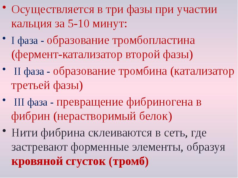 Осуществляется в три фазы при участии кальция за 5-10 минут:
Осуществляется Осуществляется в три фазы при участии кальция за 5-10 минут:
Осуществляется