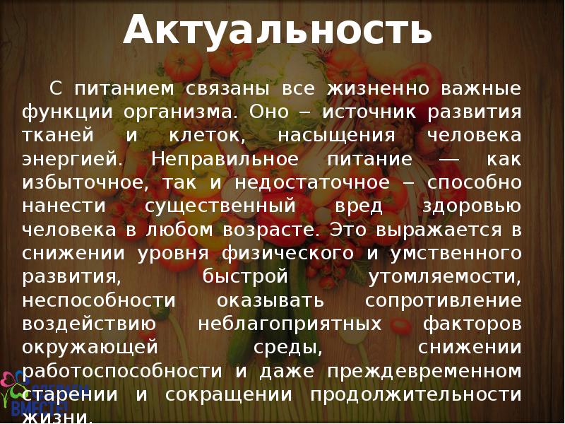 Актуальность проекта здоровое питание