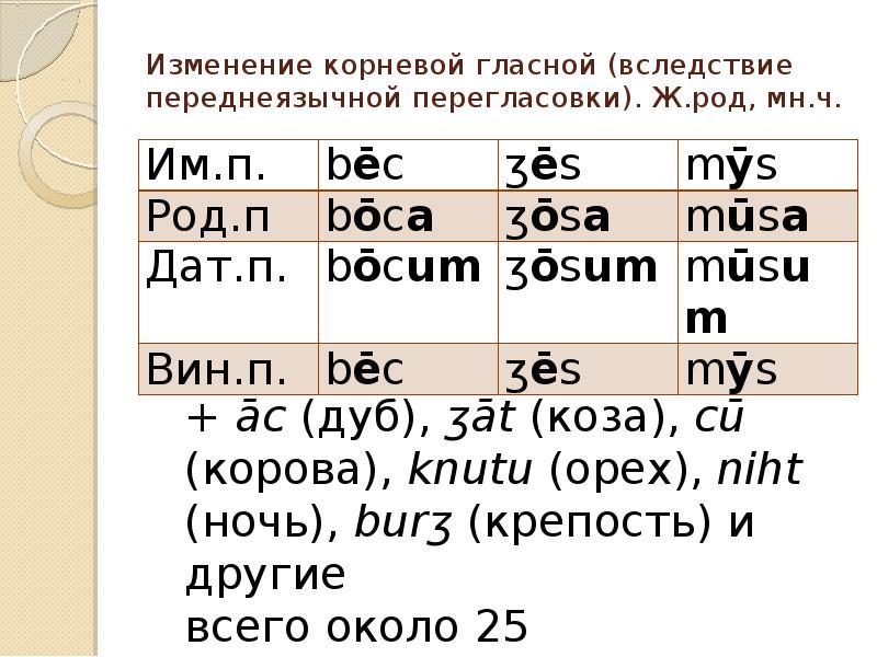 Множественный род в русском. Изменение корневой гласной. Переднеязычная перегласовка в древнеанглийском языке. Всеменящиеся корневыые гласные. Изменяемые корни гласная.
