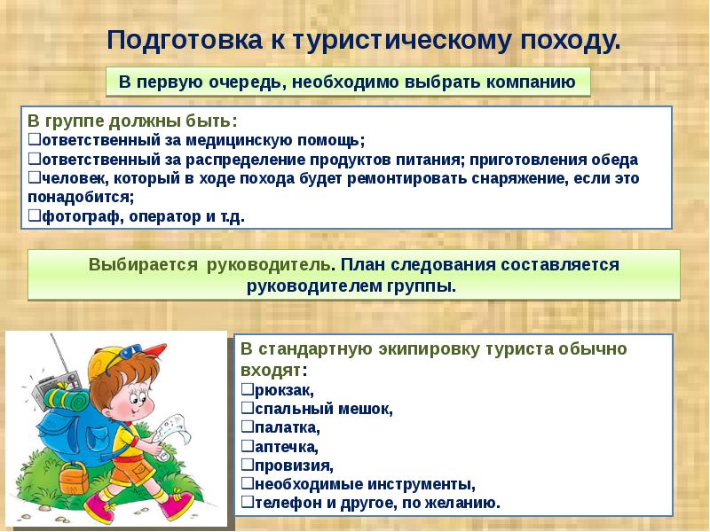 Объединившись в группы по три четыре человека составьте план безопасного поведения при походе