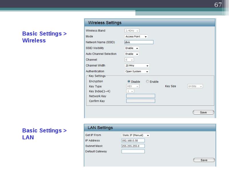 Index network. Basic settings. Wireless Setup.