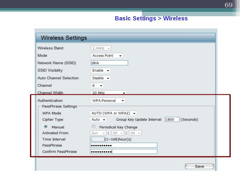 Wireless settings. Basic settings.