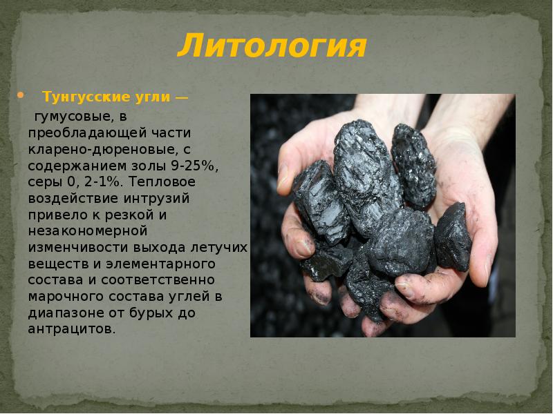 Литология
Тунгусские угли —
гумусовые, в преобладающей Литология
Тунгусские угли —
гумусовые, в преобладающей