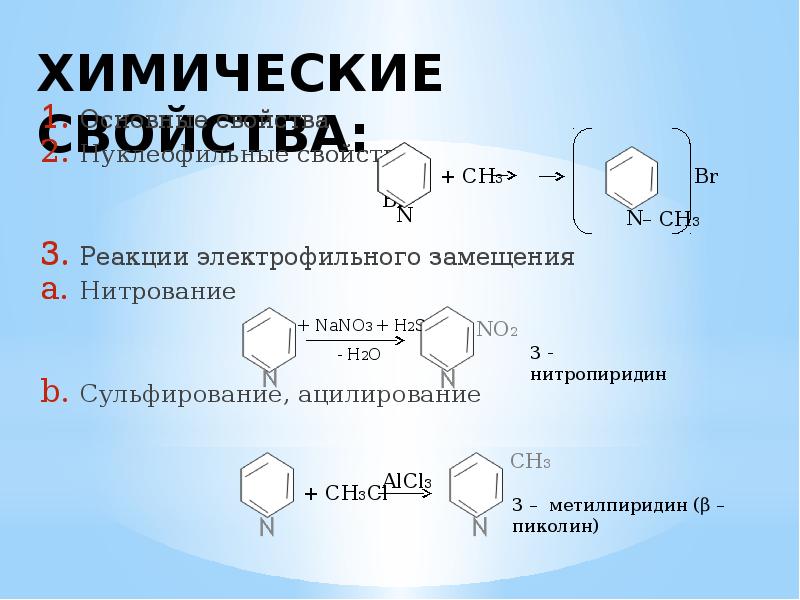 Основные свойства реакции. Электрофильное замещение нитрование. Имидазол реакции электрофильного замещения. Нитрование пиколина. Реакции нуклеофильного замещения в пирроле.