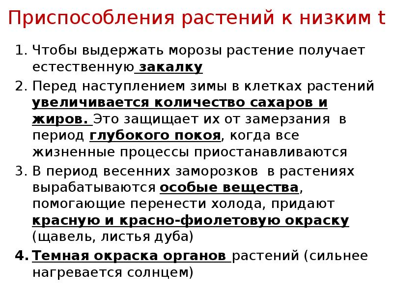 Приспособления растений к низким t Чтобы выдержать морозы растение получает естественную