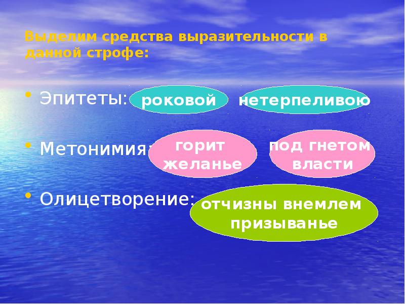 Выделим средства выразительности в данной строфе:
Эпитеты:
Метонимия:
Олицетворение: Выделим средства выразительности в данной строфе:
Эпитеты:
Метонимия:
Олицетворение: