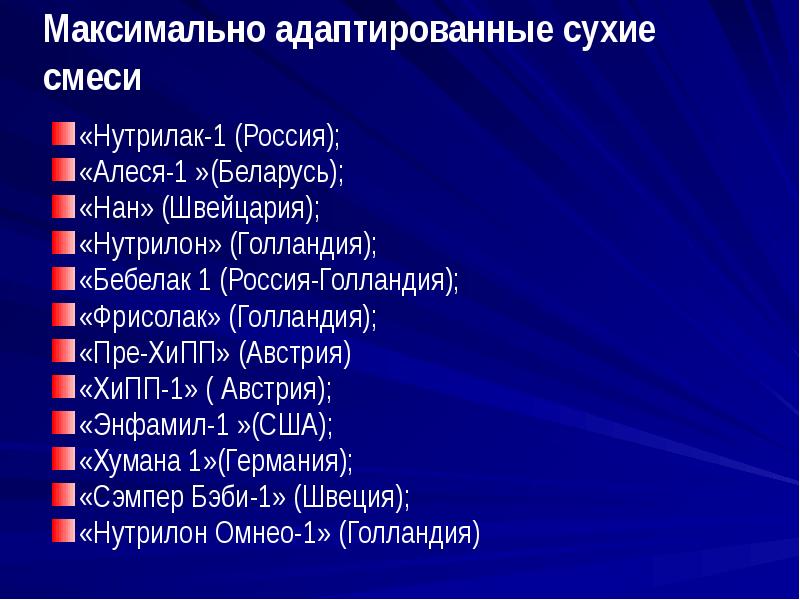 Максимально адаптированные сухие смеси «Нутрилак-1 (Россия); «Алеся-1 »(Беларусь); «Нан» (Швейцария); 