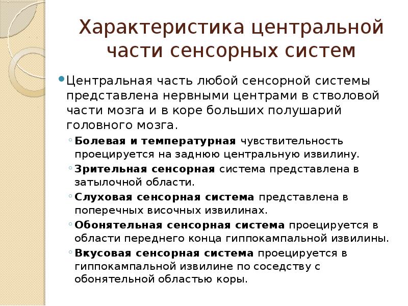 Характеристика центральной части сенсорных систем
Центральная часть любой сенсорной системы представлена Характеристика центральной части сенсорных систем
Центральная часть любой сенсорной системы представлена