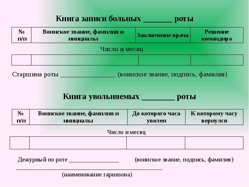 Книга увольняемых роты образец