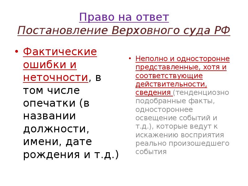 Право на ответ Постановление Верховного суда РФ
Фактические ошибки и неточности, Право на ответ Постановление Верховного суда РФ
Фактические ошибки и неточности,