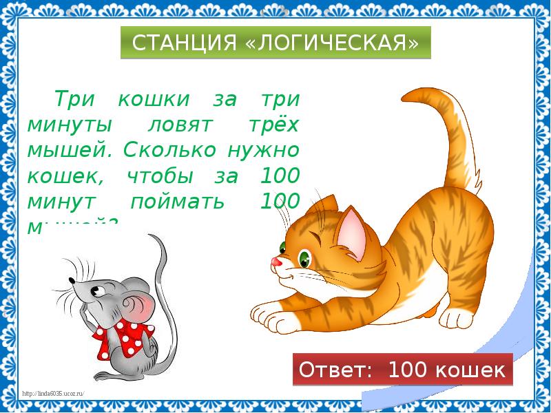 Сколько секунд надо собаке чтобы догнать кошку. Станция логическая. Три кошки за три минуты ловят трех мышей. Занимательная математика кошка. Станция логическая по математике.