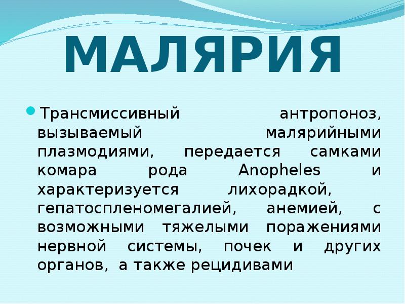 МАЛЯРИЯ Трансмиссивный антропоноз, вызываемый малярийными плазмодиями, передается самками комара рода Anopheles