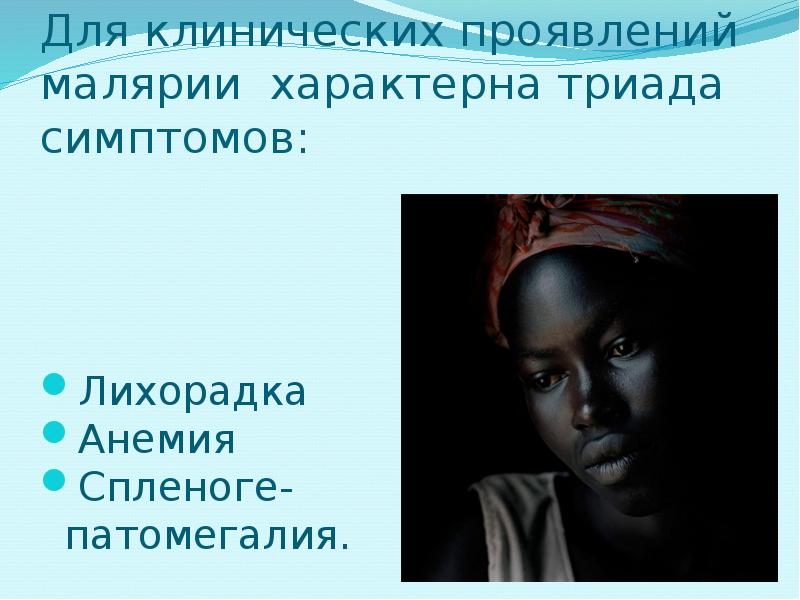 Для клинических проявлений малярии характерна триада симптомов: Лихорадка  Анемия Спленоге-патомегалия.