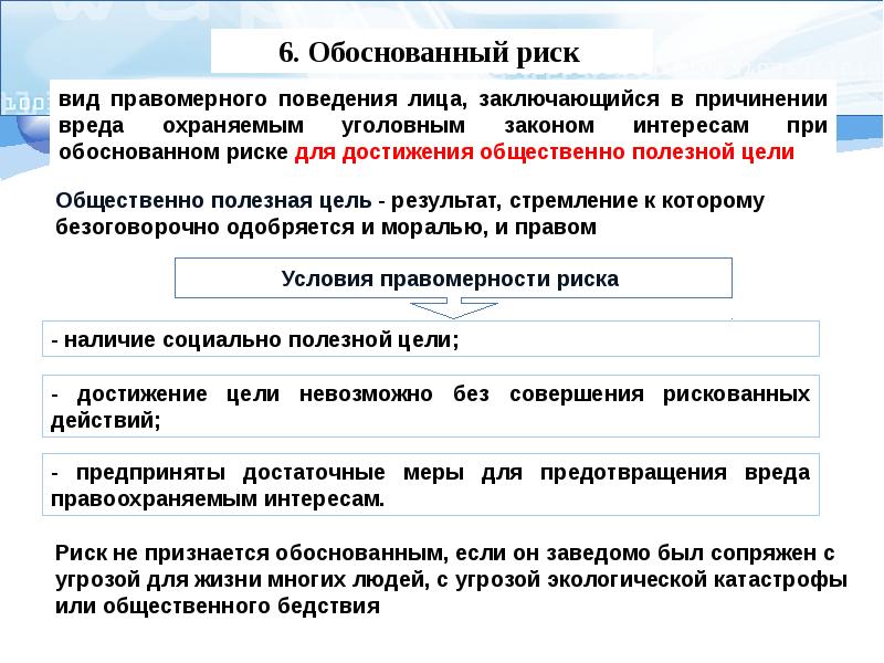 Понятие и виды исключающие преступность деяния. Условия правомерности обоснованного риска. Виды обоснованного риска. Условия обоснованного риска в уголовном праве. Обоснованный риск условия правомерности.