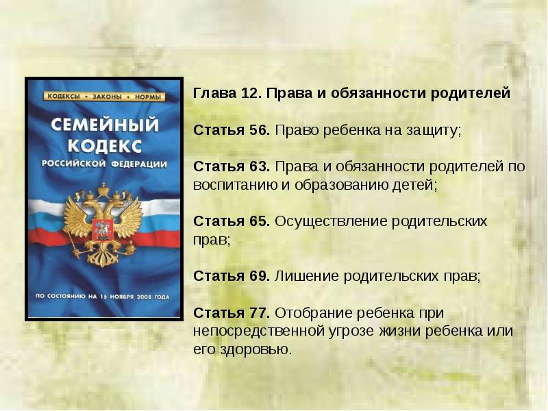 Право детей на образование в российской федерации. Семейный кодекс.