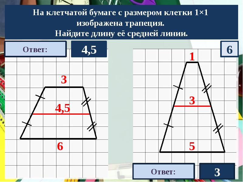 Найдите длину средней линии трапеции 1х1. Средняя линия трапеции на клетчатой бумаге. Как найти среднюю линию трапеции на клетчатой бумаге. Средняя линия трапеции ОГЭ. Найдите среднюю линию трапеции 1х1.