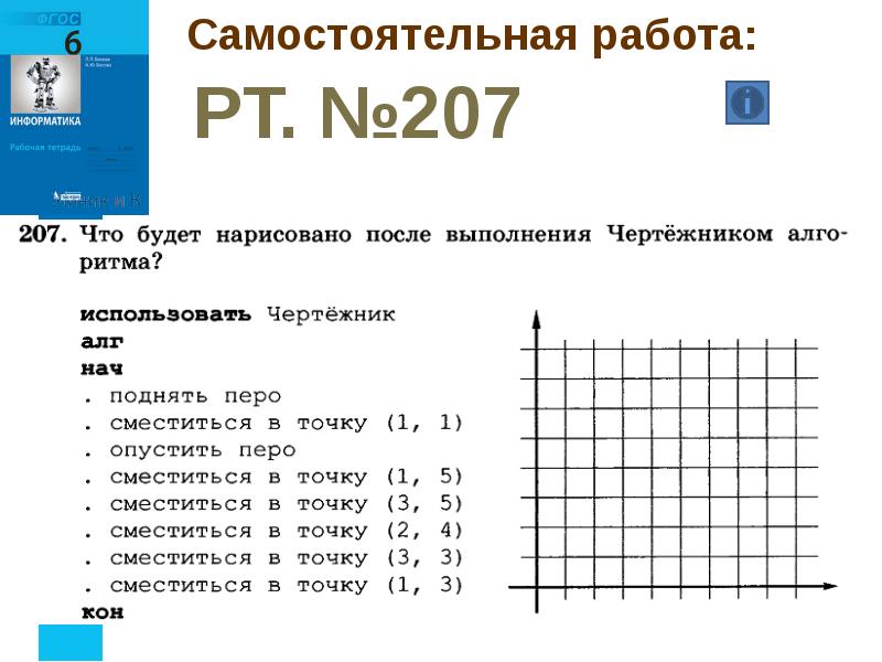 Чертежник может перемещаться по координатной плоскости и рисовать линии если задана команда