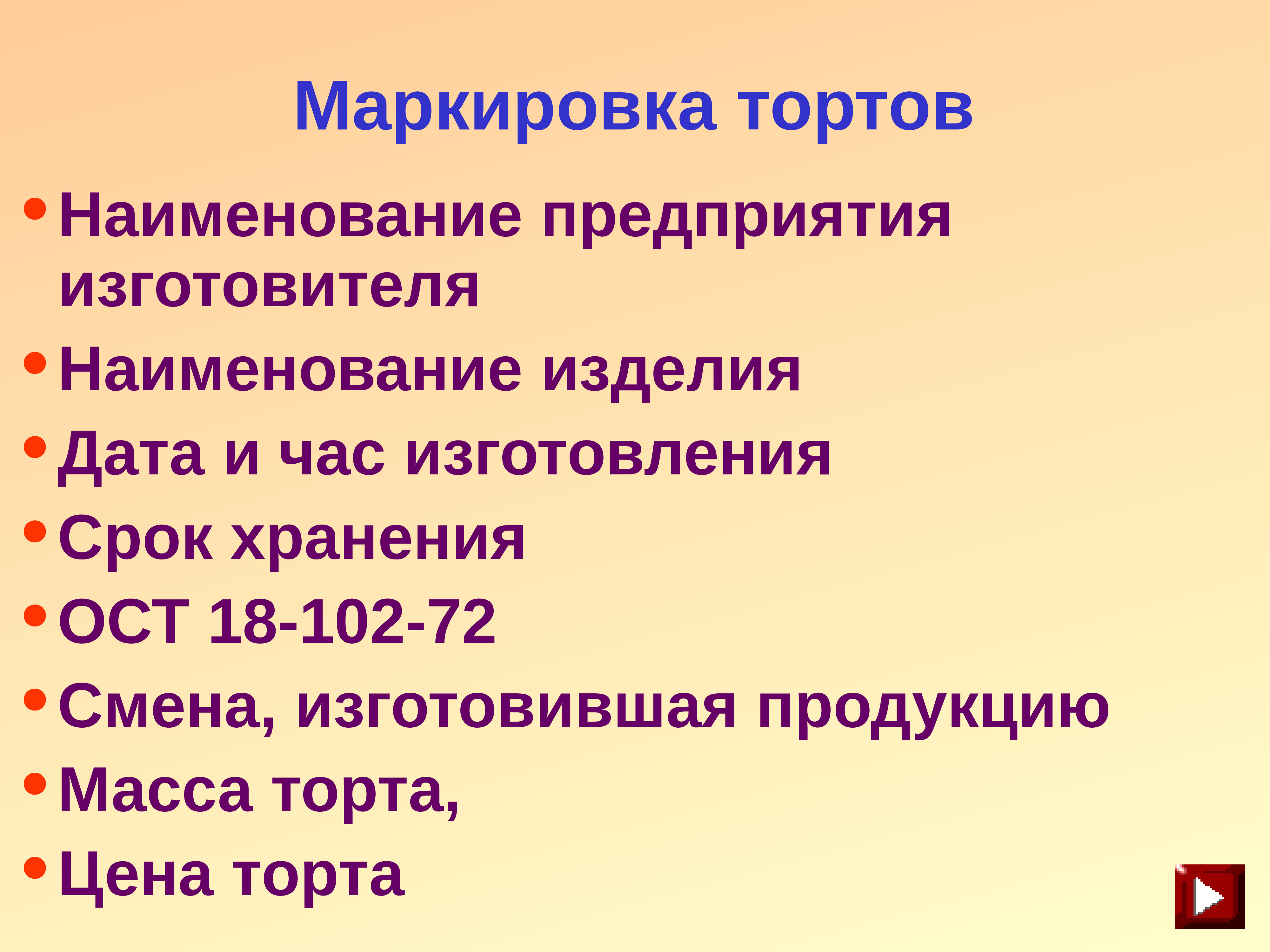 Изменение 72. Маркировка тортов. Наименование изделия. Наименование предприятия изготовителя. Упаковка и маркировка тортов.