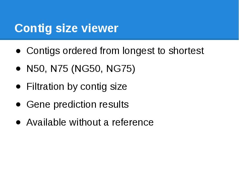 Contig size viewer Contigs ordered from longest to shortest N50, N75