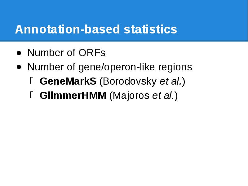 Annotation-based statistics Number of ORFs Number of gene/operon-like regions GeneMarkS (Borodovsky