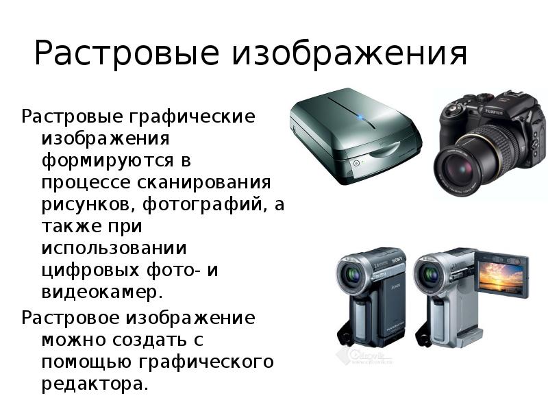 Растровые изображения Растровые графические изображения формируются в процессе сканирования рисунков, фотографий,