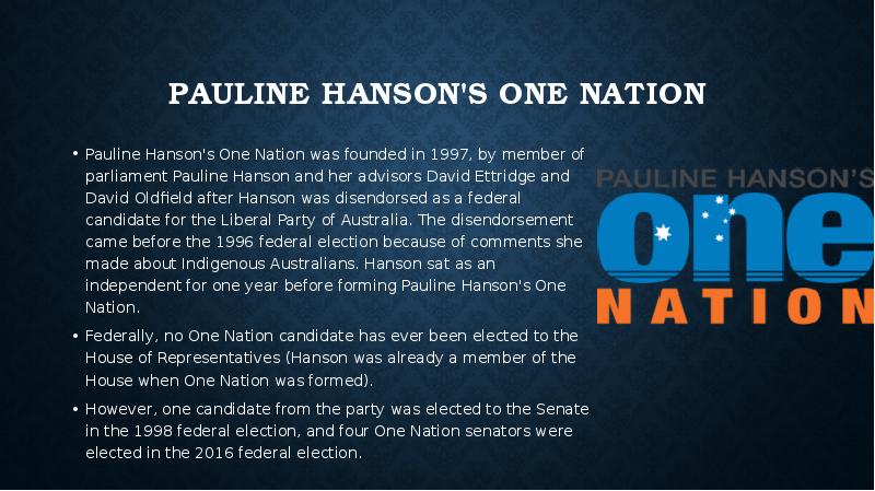 Pauline Hanson's One Nation Pauline Hanson's One Nation was founded in