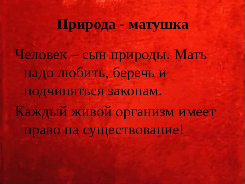 Природа - матушка Человек – сын природы. Мать надо любить, беречь