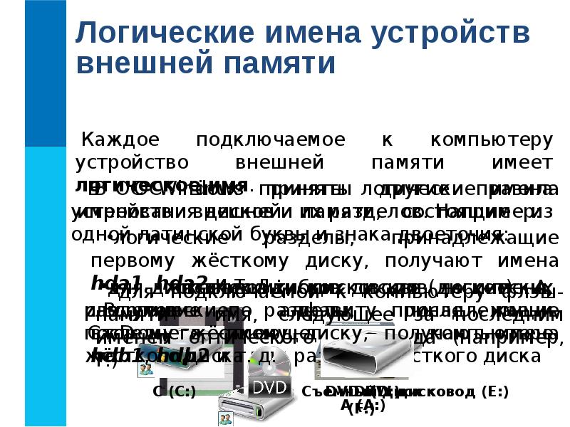 Назовите логические имена устройств внешней памяти на компьютере к которому вы имеете доступ