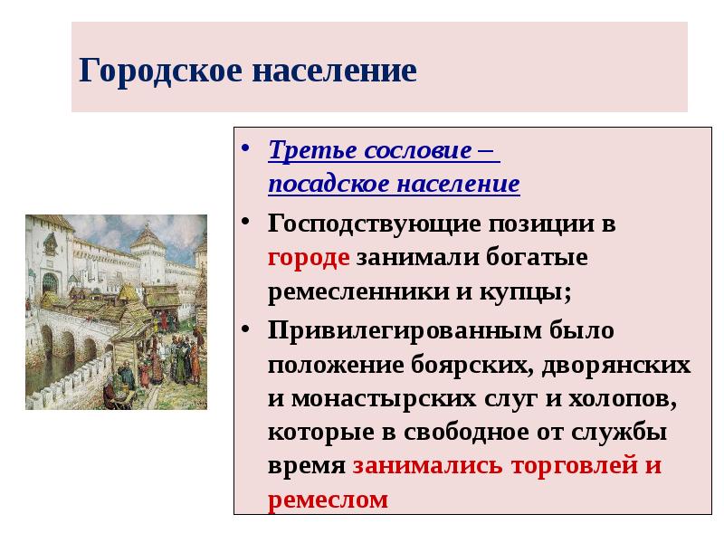 Городское население
Третье сословие – посадское население
Господствующие позиции в Городское население
Третье сословие – посадское население
Господствующие позиции в