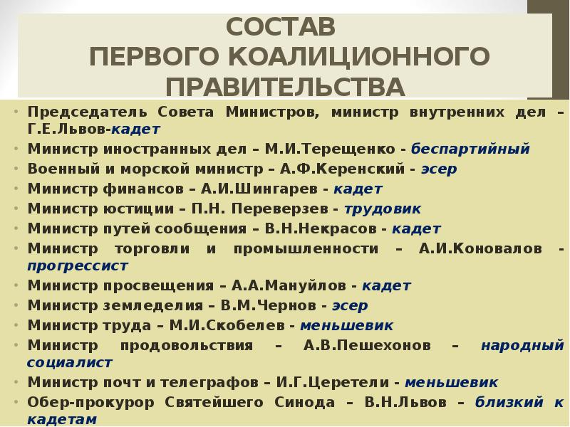 СОСТАВ   ПЕРВОГО КОАЛИЦИОННОГО ПРАВИТЕЛЬСТВА Председатель Совета Министров, министр внутренних