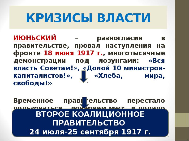 КРИЗИСЫ ВЛАСТИ ИЮНЬСКИЙ – разногласия в правительстве, провал наступления на фронте