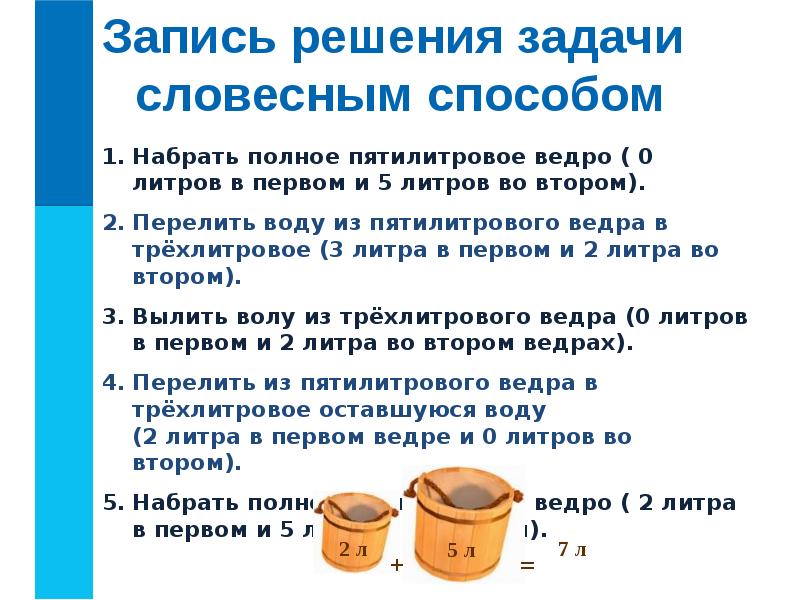 Из литра получают. Задача про воду и ведра. Логические задачи с ведром воды. Задача с веллрами волы. Ведро 5 литров и 3 литра отмерить 4.