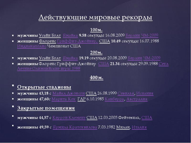 Действующие мировые рекорды
100м.
мужчины Усэйн Болт Ямайка 9.58 секунды Действующие мировые рекорды
100м.
мужчины Усэйн Болт Ямайка 9.58 секунды