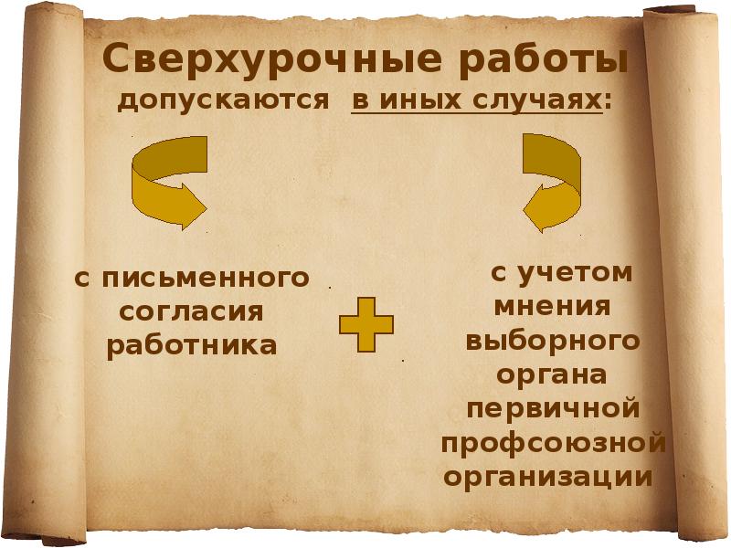 Сверхурочные работы допускаются в иных случаях:
с письменного согласия работника Сверхурочные работы допускаются в иных случаях:
с письменного согласия работника