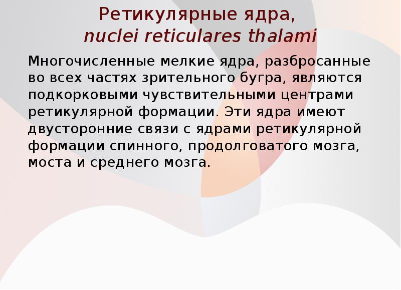 Ретикулярные ядра, nuclei reticulares thalami
Многочисленные мелкие ядра, разбросанные во Ретикулярные ядра, nuclei reticulares thalami
Многочисленные мелкие ядра, разбросанные во
