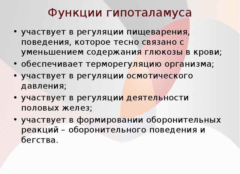 Функции гипоталамуса
участвует в регуляции пищеварения, поведения, которое тесно связано с Функции гипоталамуса
участвует в регуляции пищеварения, поведения, которое тесно связано с