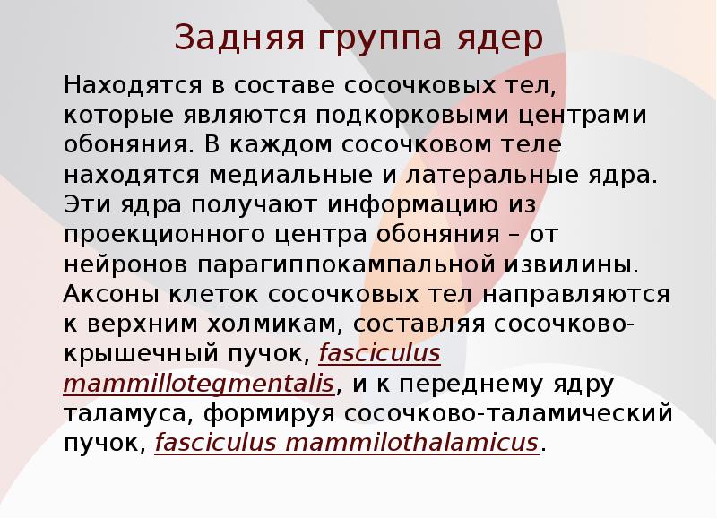 Задняя группа ядер
Находятся в составе сосочковых тел, которые являются подкорковыми Задняя группа ядер
Находятся в составе сосочковых тел, которые являются подкорковыми