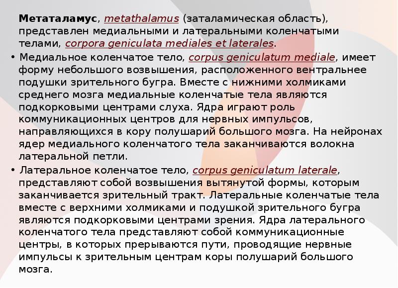Метаталамус, metathalamus (заталамическая область), представлен медиальными и латеральными коленчатыми телами, corpora Метаталамус, metathalamus (заталамическая область), представлен медиальными и латеральными коленчатыми телами, corpora