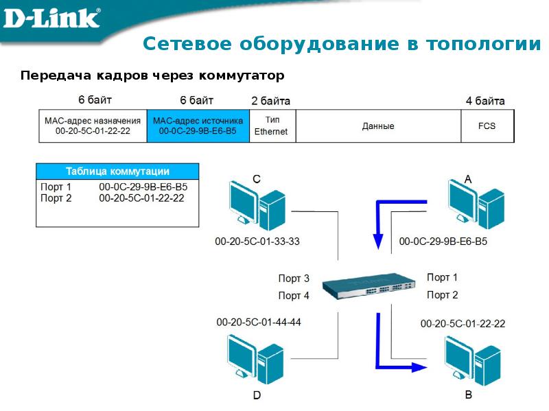 По приведенной на рисунке информации определите на какие порты коммутатор передаст поступивший пакет