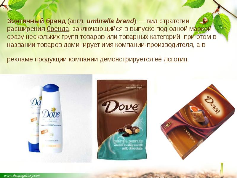 Зонтичный бренд (англ. umbrella brand) — вид стратегии расширения бренда, заключающийся в выпуске под одной Зонтичный бренд (англ. umbrella brand) — вид стратегии расширения бренда, заключающийся в выпуске под одной