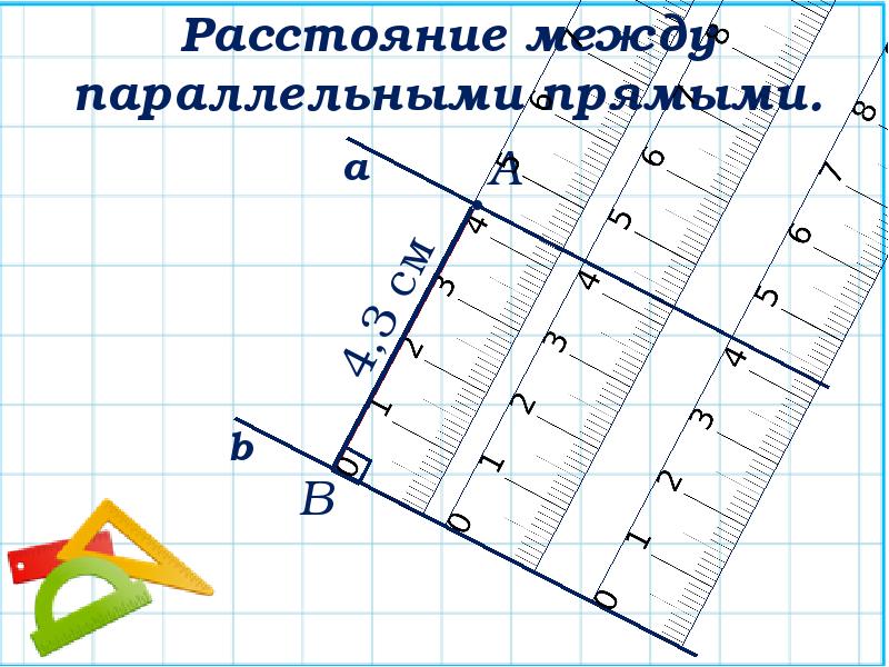 Определите расстояние между параллельными прямыми книжной полки для следующего рисунка