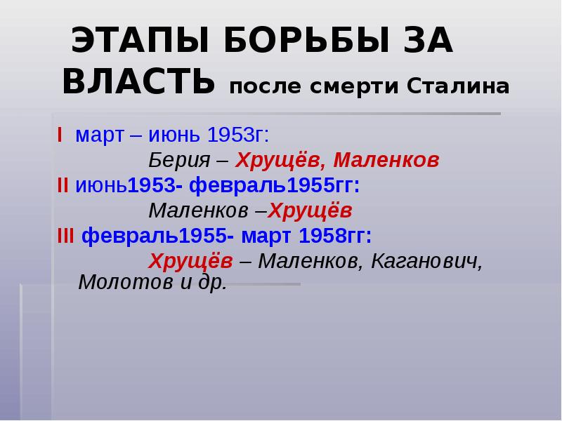 Борьба за власть после смерти сталина презентация 11 класс